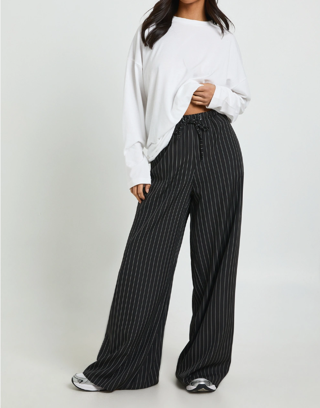 Women's Petite High Waisted Drawstring Stripe Wide Leg Trousers Casual Breathable Anti Pilling Comfortable Pants