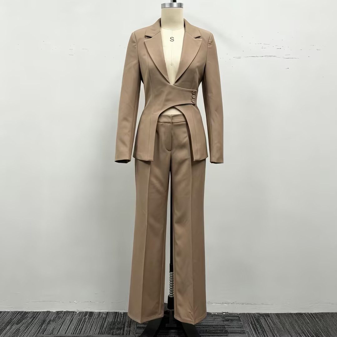 Women Suit Set 2 Piece High Waist Wide Leg Pants Asymmetric Blazer Office Lady Workwear Business Casual Outfit