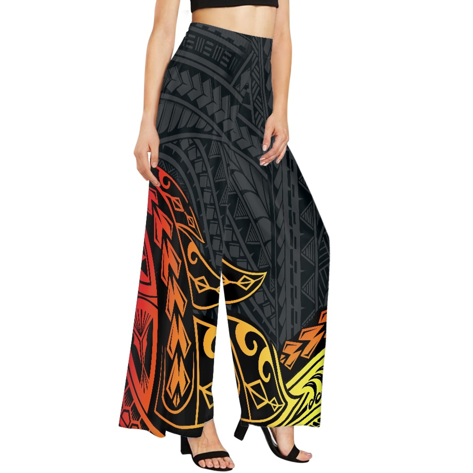 Women's Fall Summer Fashion Baggy Palazzo Pants Custom Pattern Print Polynesian Hawaiian Wide Leg Oversized Trousers Chiffon