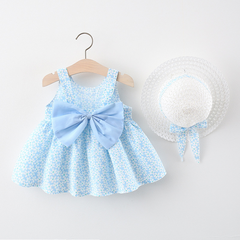 2021 Summer Children's Small Floral Big Bow Cotton Breathable Sleeveless Midi Princess Dress with Suspender