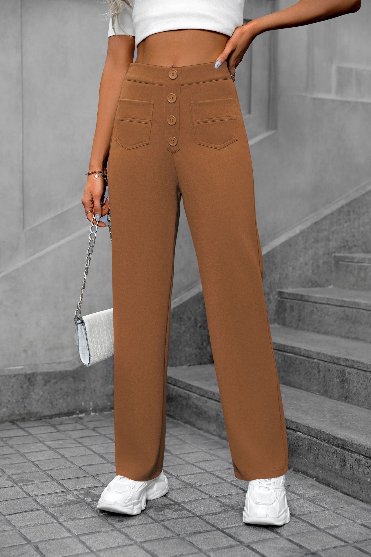 Women's Vintage High Waist Straight Pants with Button Pockets Loose Wide Leg Fashionable Anti-Wrinkle Trousers