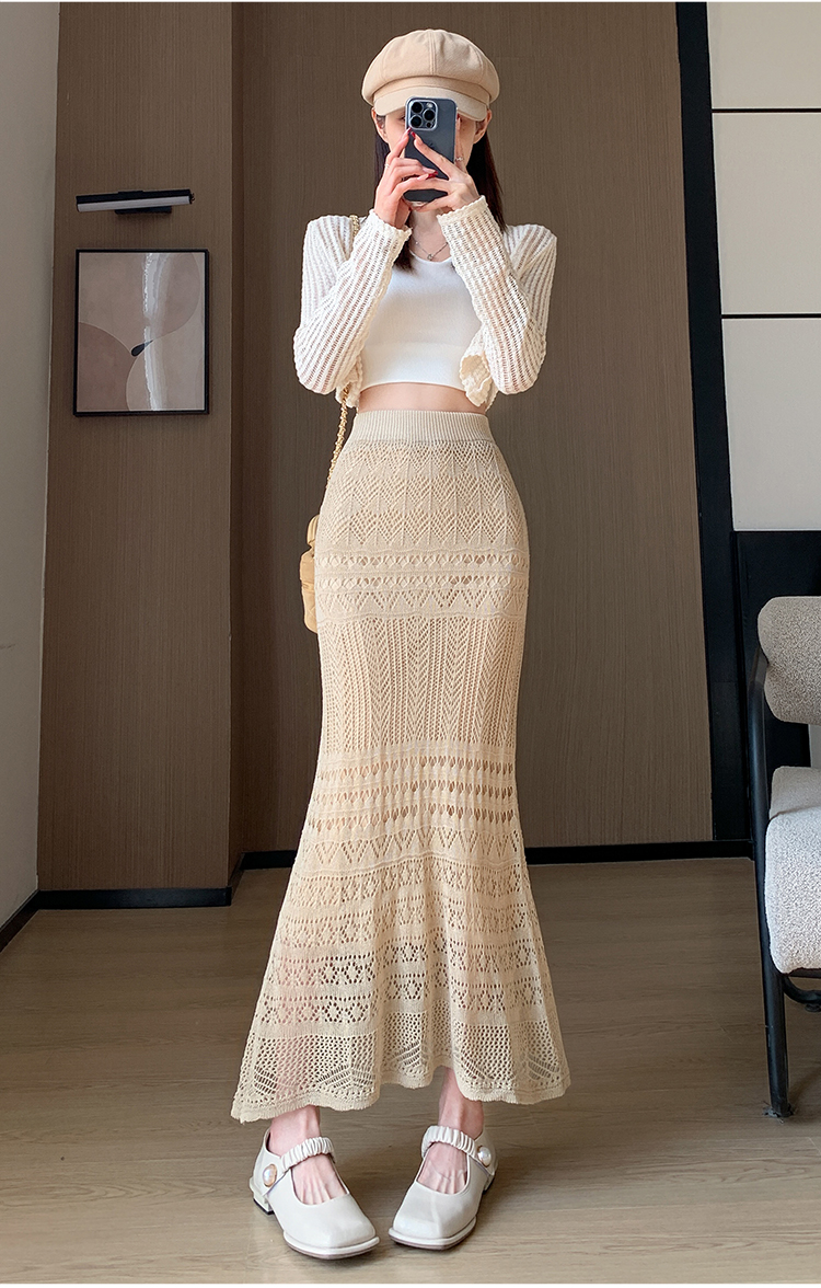 Women's Spring Summer A-Line Casual Breathable Natural Waist Midi Skirt Solid Lace Knitted Design Apricot Color Dushan