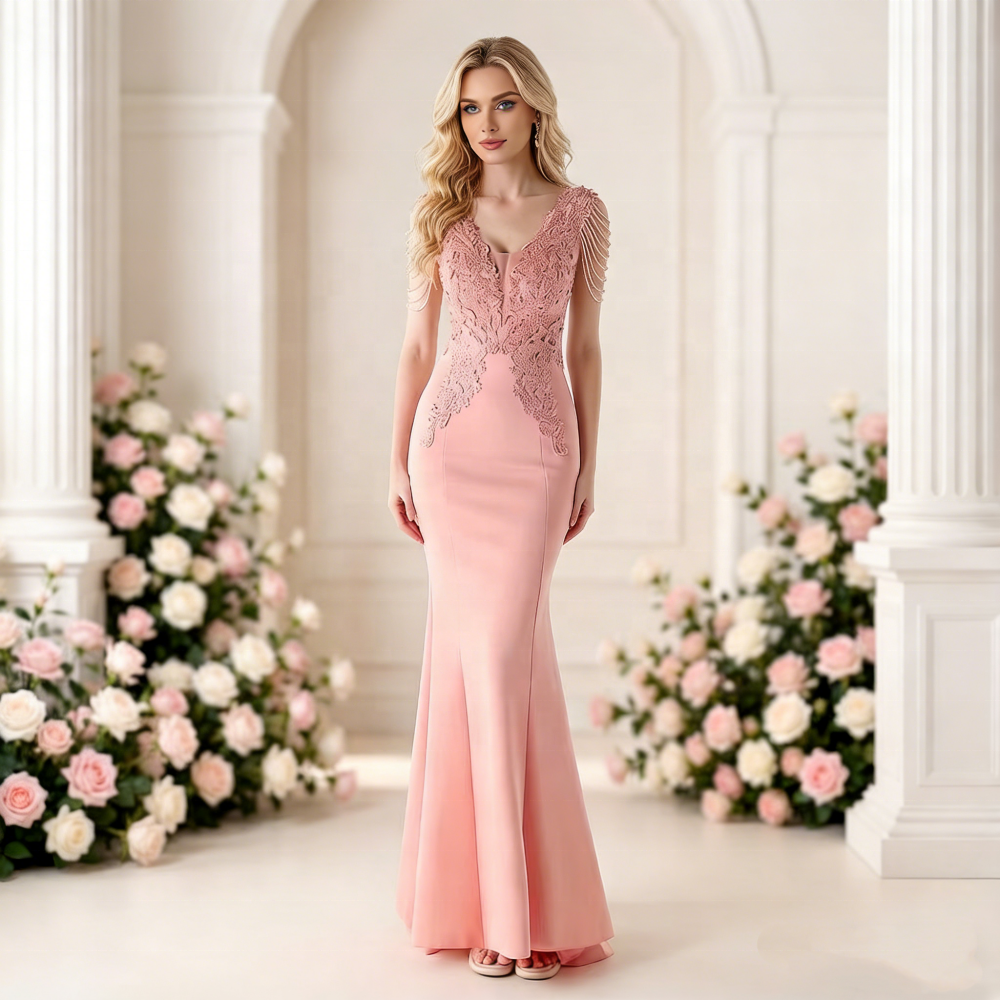 New Arrival Lace Trim Rhinestone Back Strappy Slim Evening Dress for Formal Banquet Wedding Red Carpet
