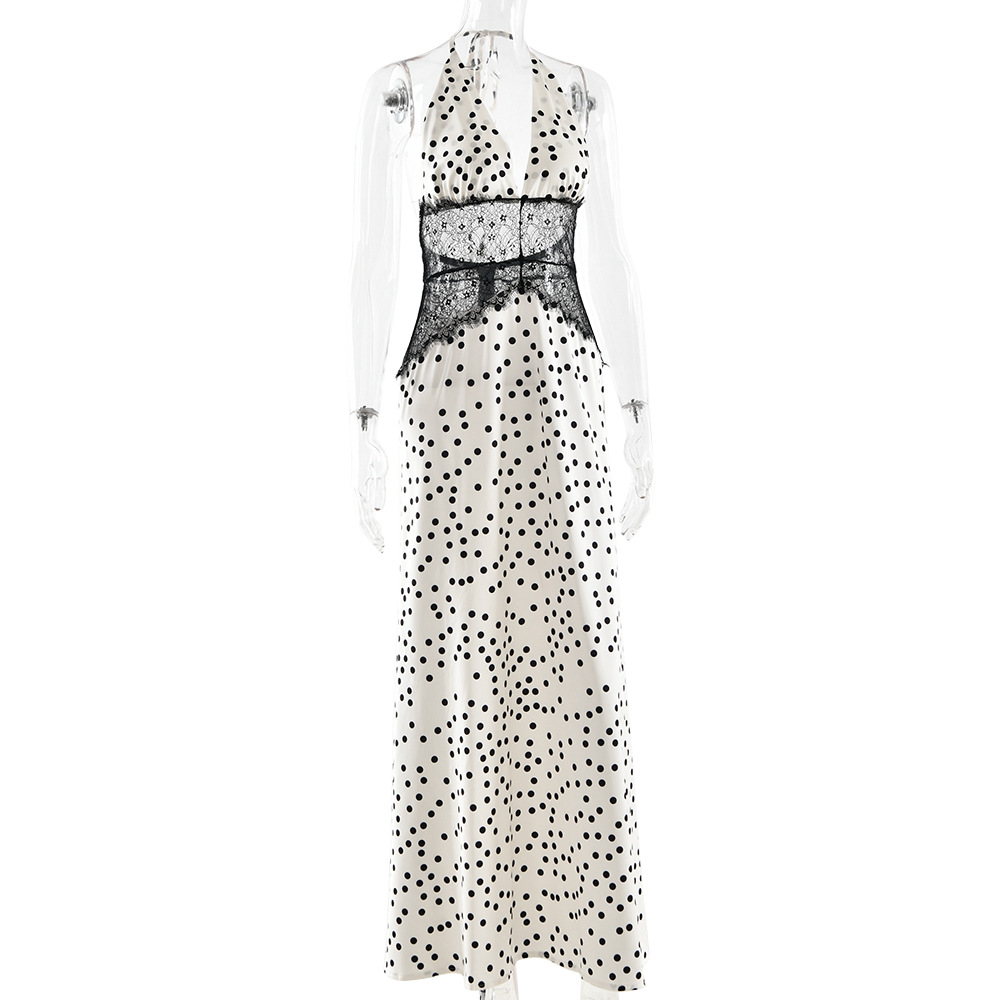 European American Foreign Trade 2025 New Temperament Wave Point Lace Maxi Vintage Empire Waist Women's Fashion Sexy Backless