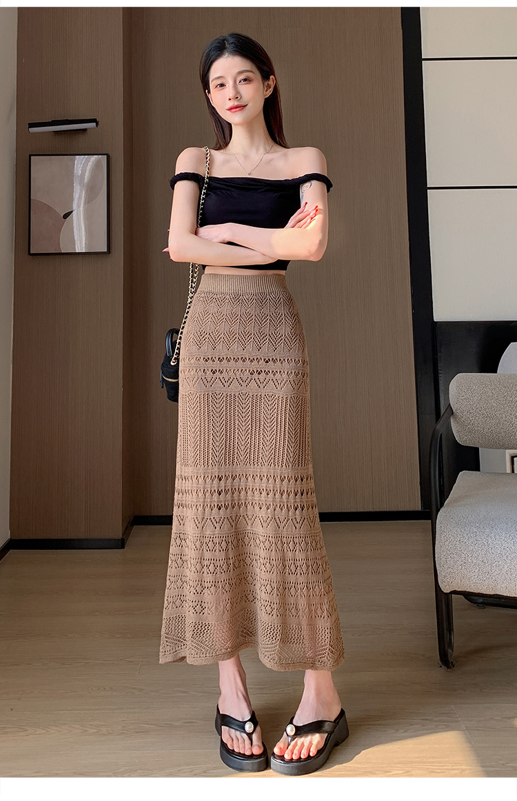 Women's Spring Summer A-Line Casual Breathable Natural Waist Midi Skirt Solid Lace Knitted Design Apricot Color Dushan