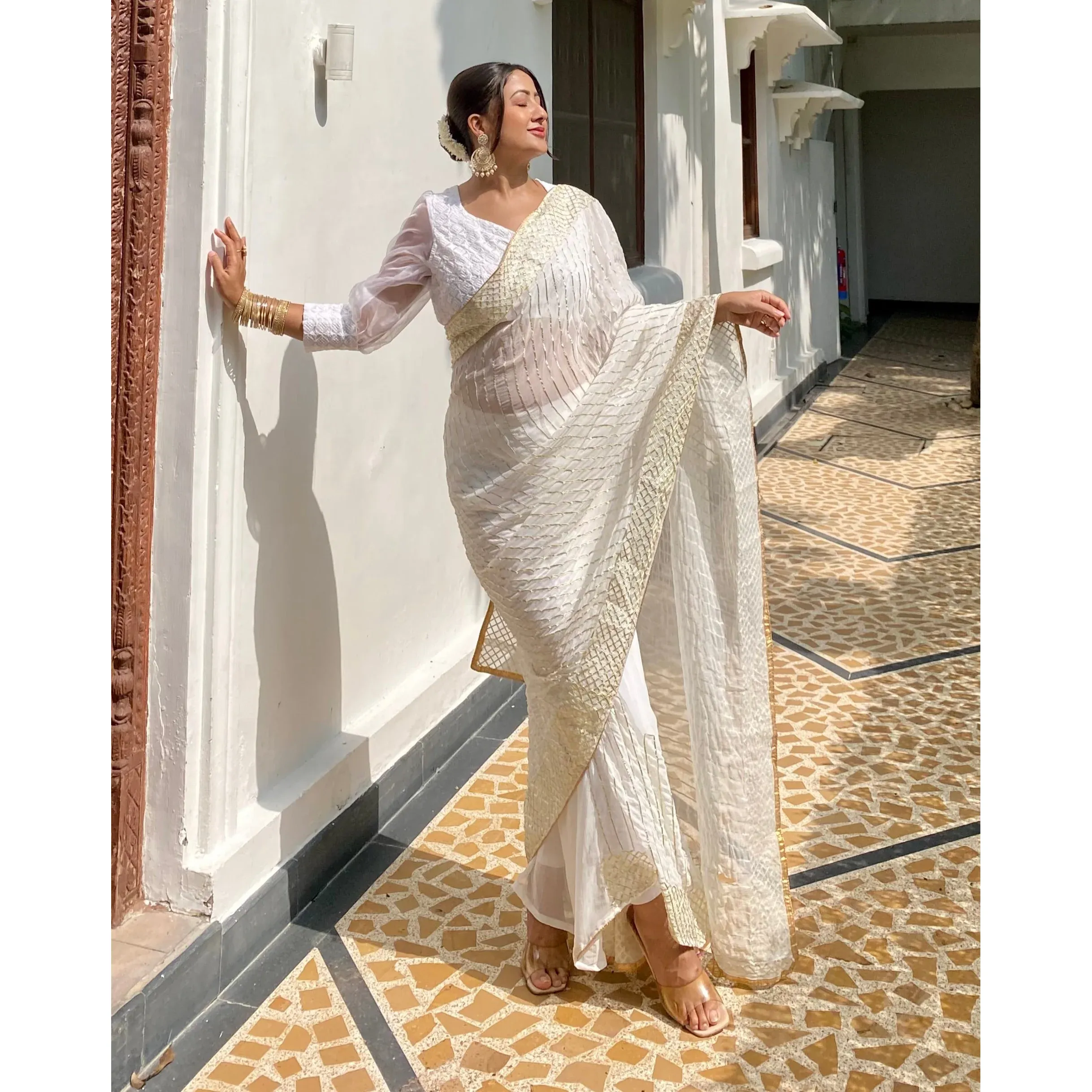 White Sand Golden Vintage Straight Floor-Length Elegant Prom Gown Draped Contemporary Ethnic Evening Occasion Wear Full Sleeve