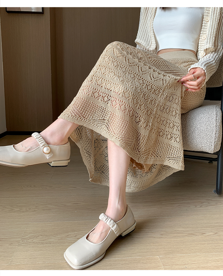 Women's Spring Summer A-Line Casual Breathable Natural Waist Midi Skirt Solid Lace Knitted Design Apricot Color Dushan