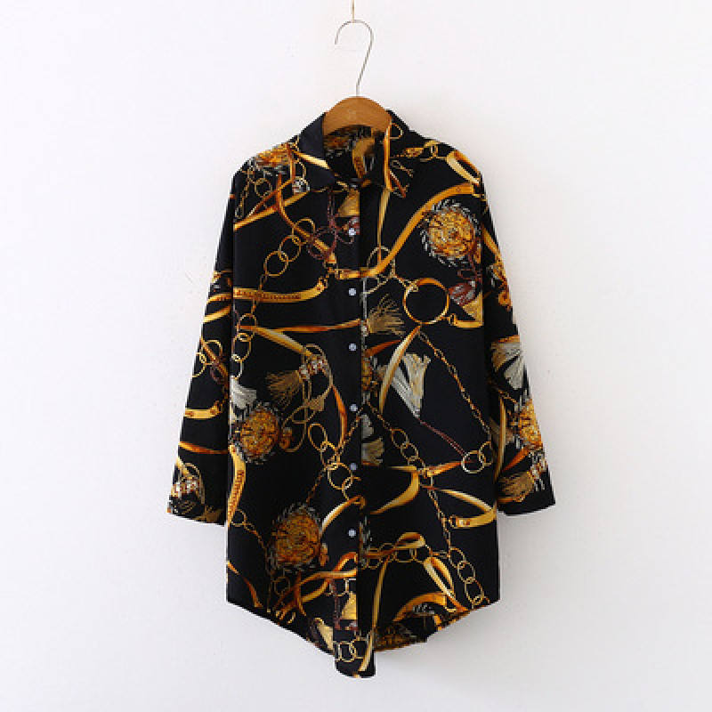 Women Chain Print Blouses Elegant Long Office Shirts Design Chiffon Sunscreen Long-Sleeved Shirt Women'S Fall Luxury Clothes Top