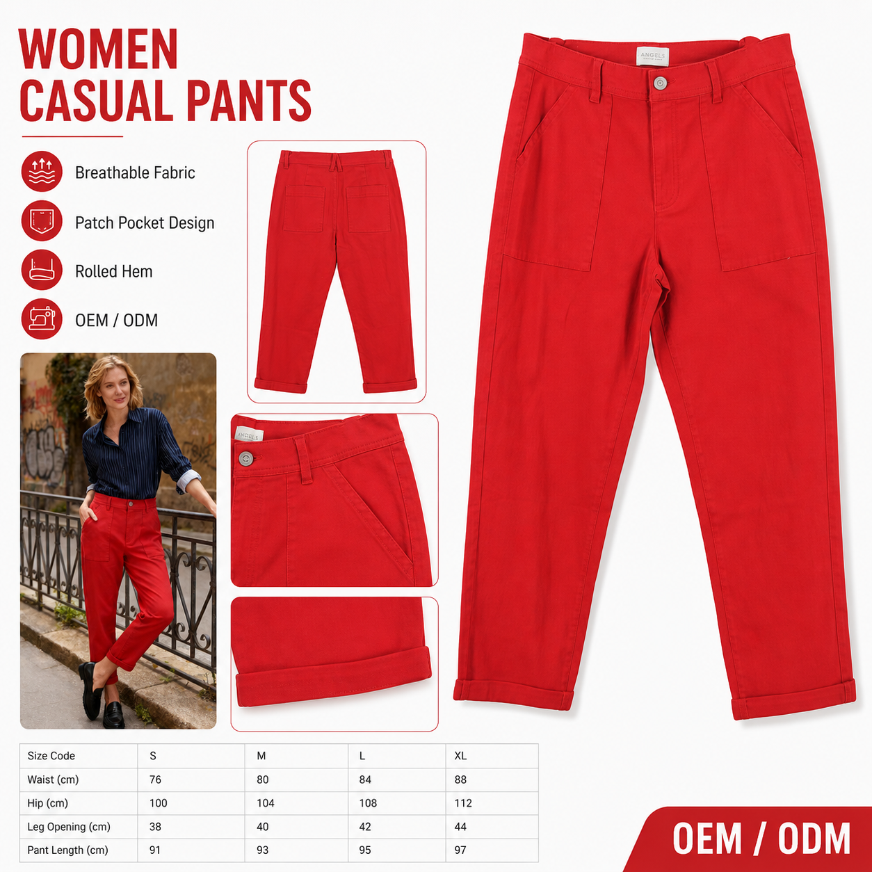 New Women's Casual Breathable Washed Mid Waist Patchwork Regular Fit ODM Trousers