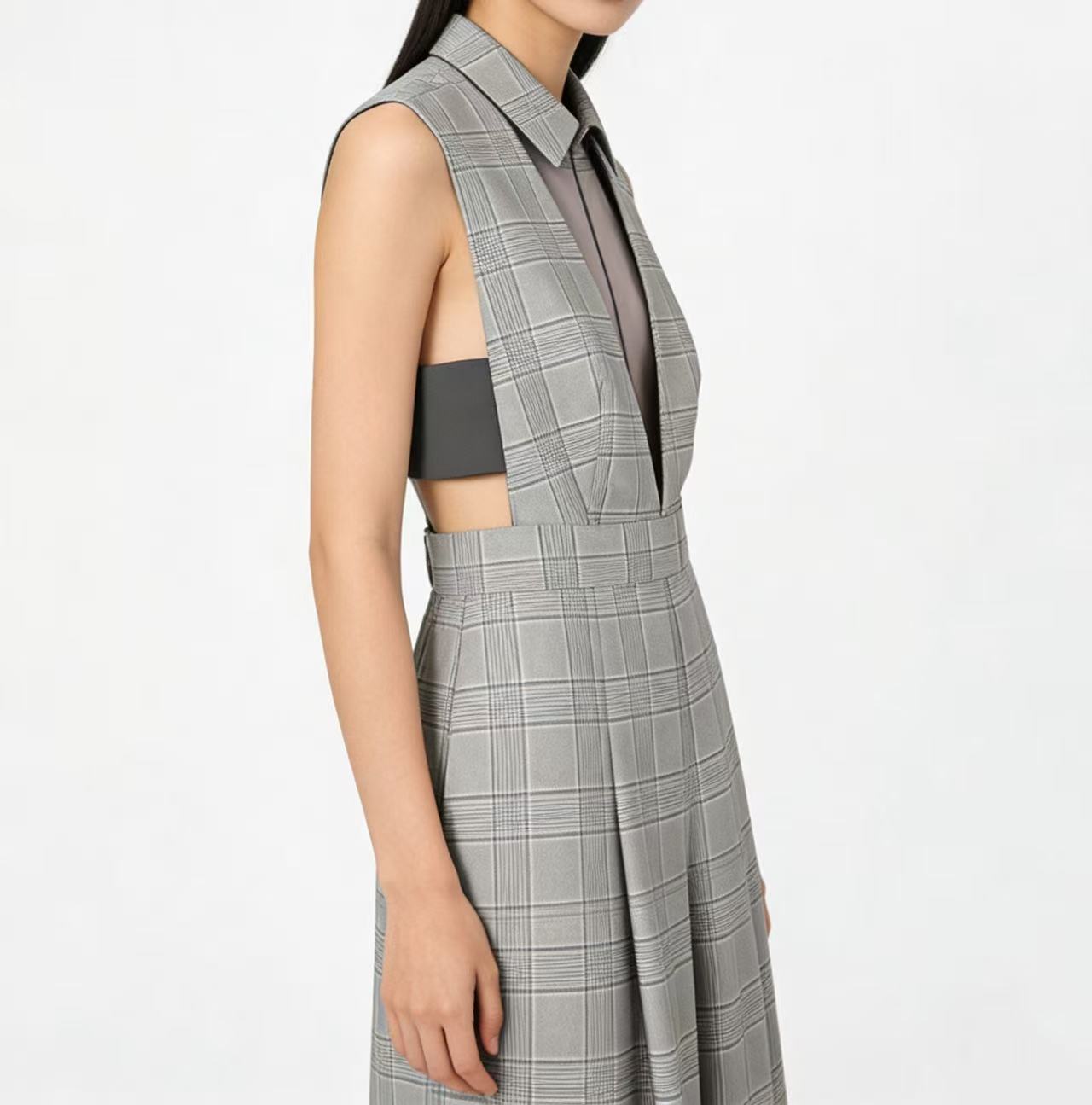 Women's Summer Loose Fit Deep V Neck Sleeveless Plaid Full Length Jumpsuit with Hollow Out Breathable Office Workwear