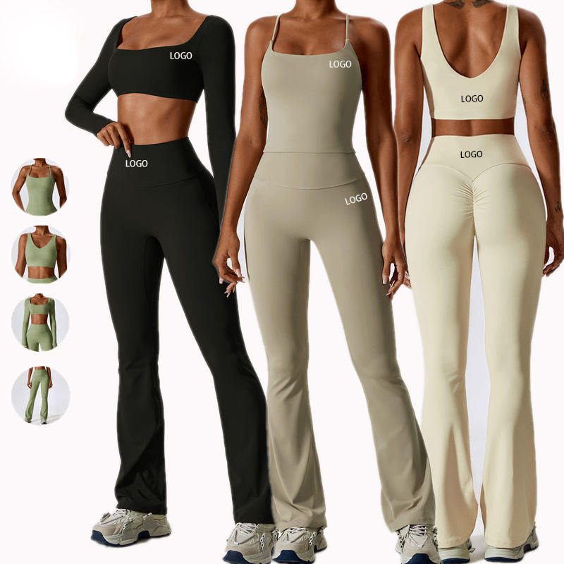 Custom OEM 2024 New Women Gym Fitness Clothing Yoga Set High-waisted Leggings Long Sleeves Sports Bra Crop Top Fitness Gym Set