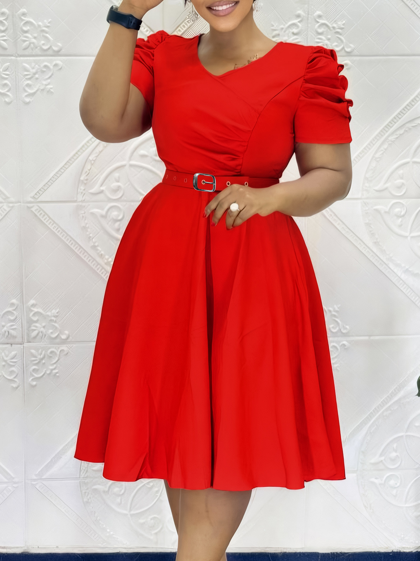 TPY0 Trendy Summer Casual Dresses Women Lady Elegant V-Neck A-Line Short Sleeve Ruched Dresses for Women Clothing Dress
