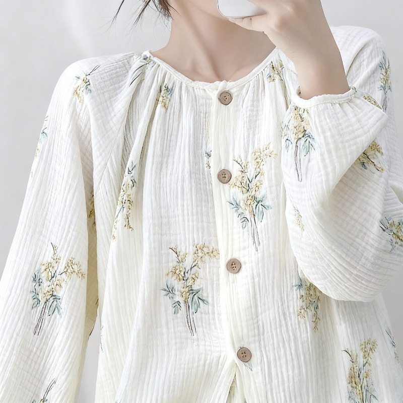 New Chinese Cotton Knitted Women's Pajamas Summer Spring Autumn Double Gauze Guofeng V-neck Full Length Long Sleeve Floral