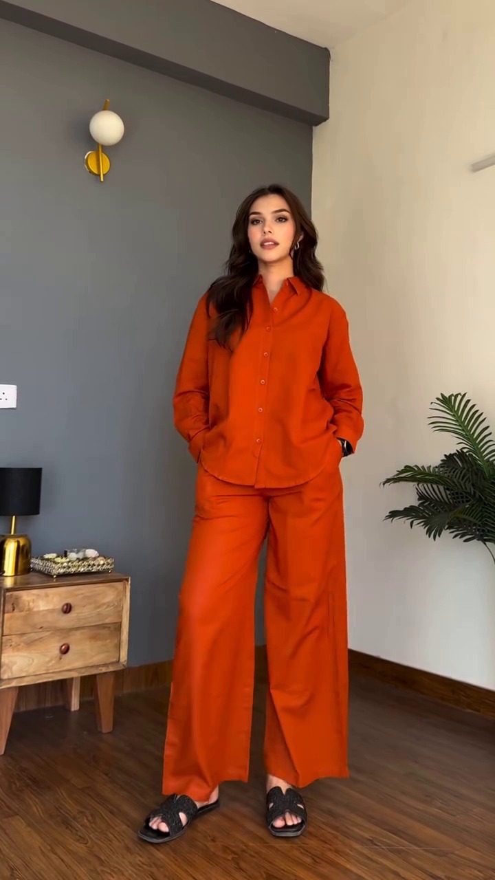 Stylish Women Casual Wear Set V-Neck Button Shirt with Full Sleeves Pant Solid Rayon All Seasons In-Stock