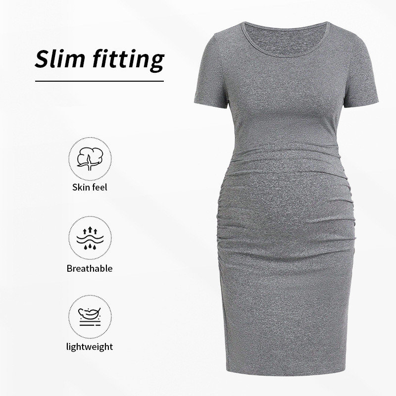 Nice Quality Women's Short Sleeve Maternity Dress Ruched Pregnancy Clothes Belly Support Woven Crew Neck Waist-controlled Autumn
