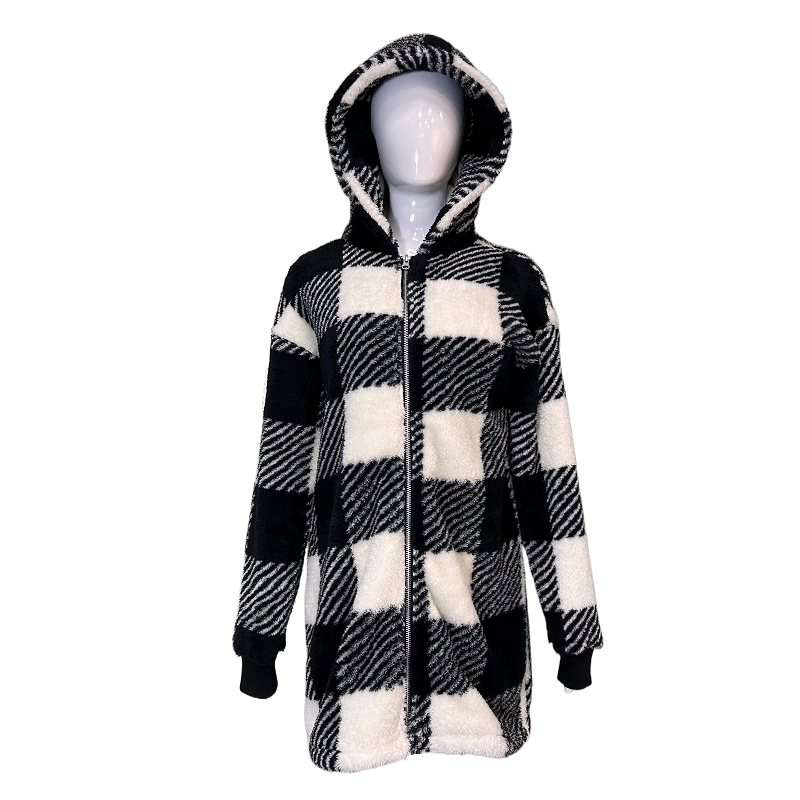 Winter Plush Women's Coat New Style Long Sleeved Full Zipper Checkered Hooded Loose Coat Women's Outerwear