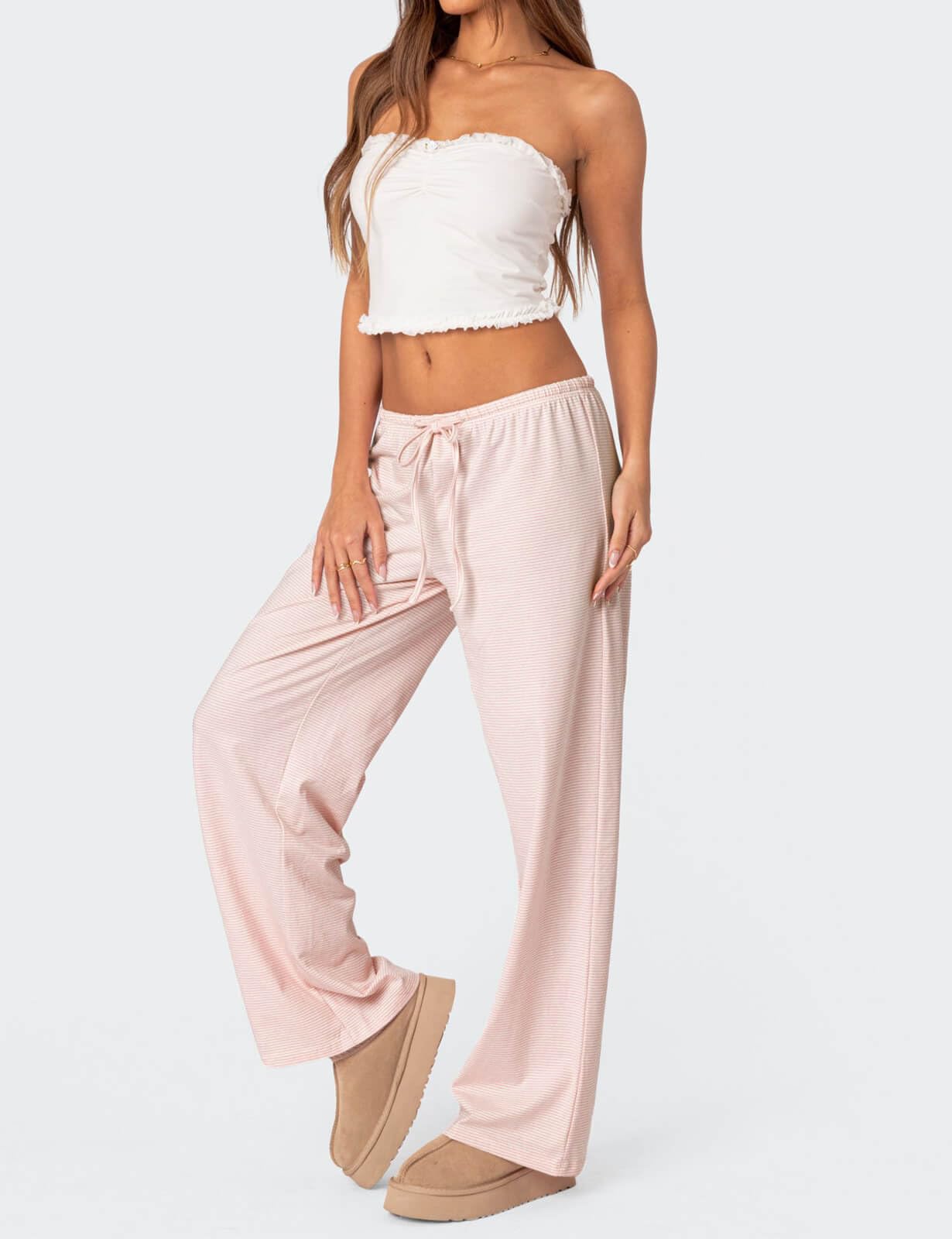 Custom Cheap Price Summer Flat Front Loose Fit Striped Pajama Pants for Women Low Rise Lounge Wear Cotton/Polyester Quick Dry