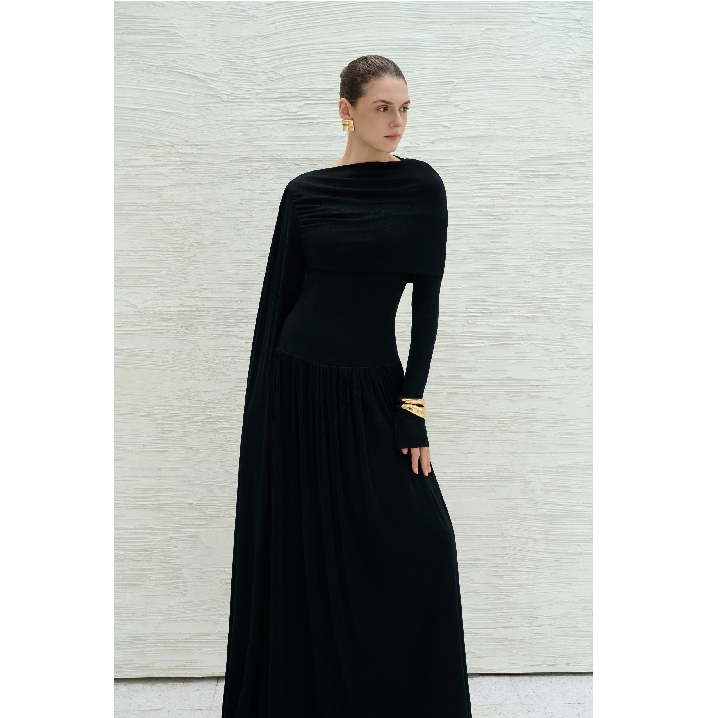Wholesale Evening Dresses Elegant DANNY DRAPED LONG DRESS Long Sleeve 95% Acetate 5% Spandex Long Sleeve Womens Dresses