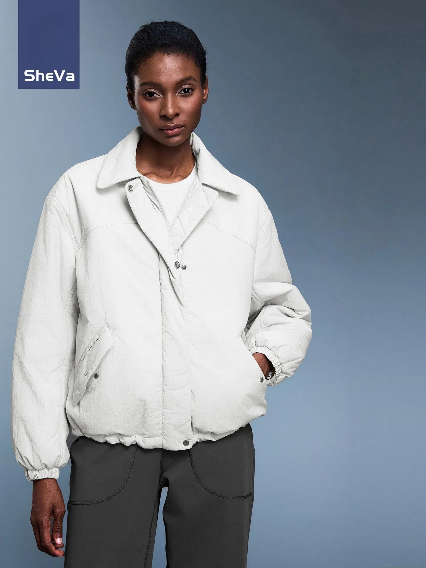Women's Drawstring Hem Lightweight Lined Cotton-Padded Jacket Windproof Warm Loose-Fit Casual Style Outerwear with Lapel Collar