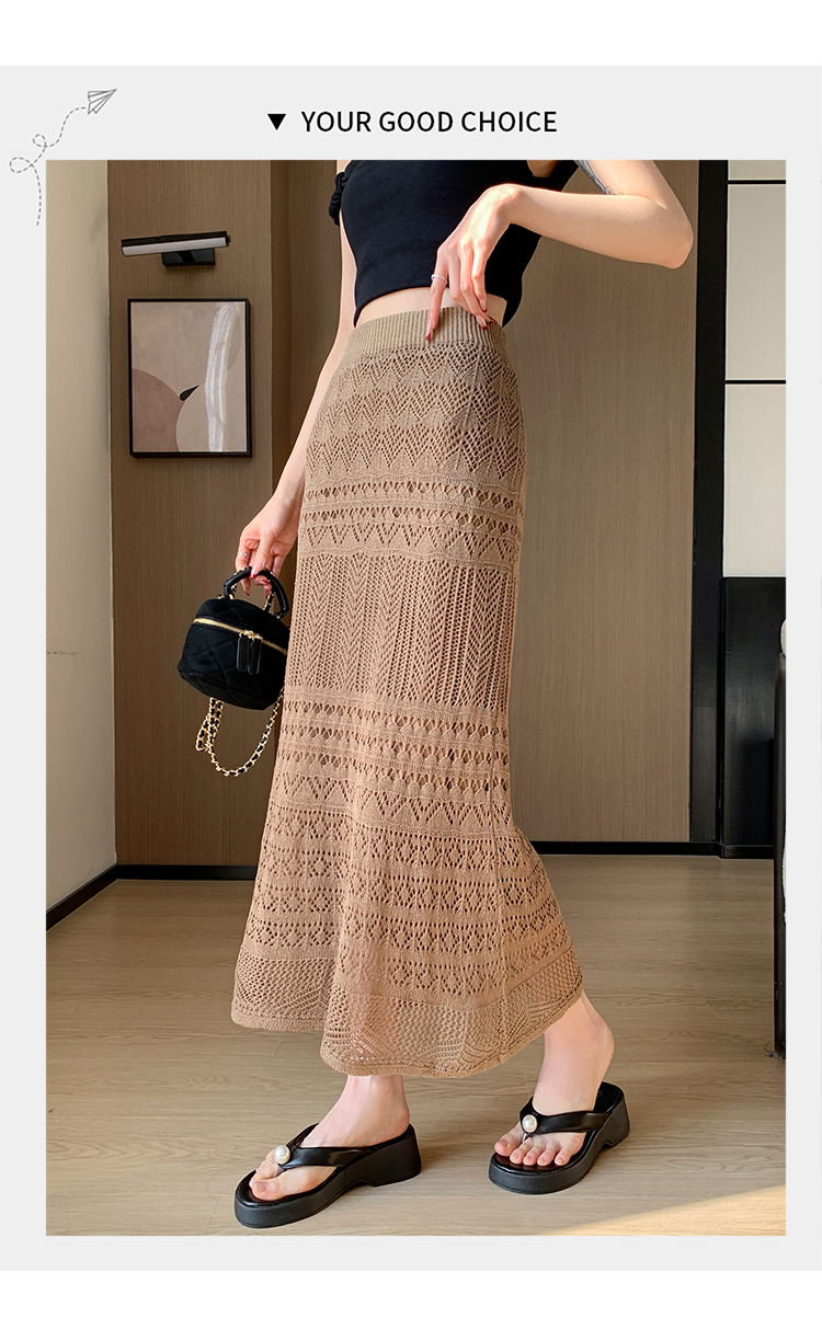 Women's Spring Summer A-Line Casual Breathable Natural Waist Midi Skirt Solid Lace Knitted Design Apricot Color Dushan
