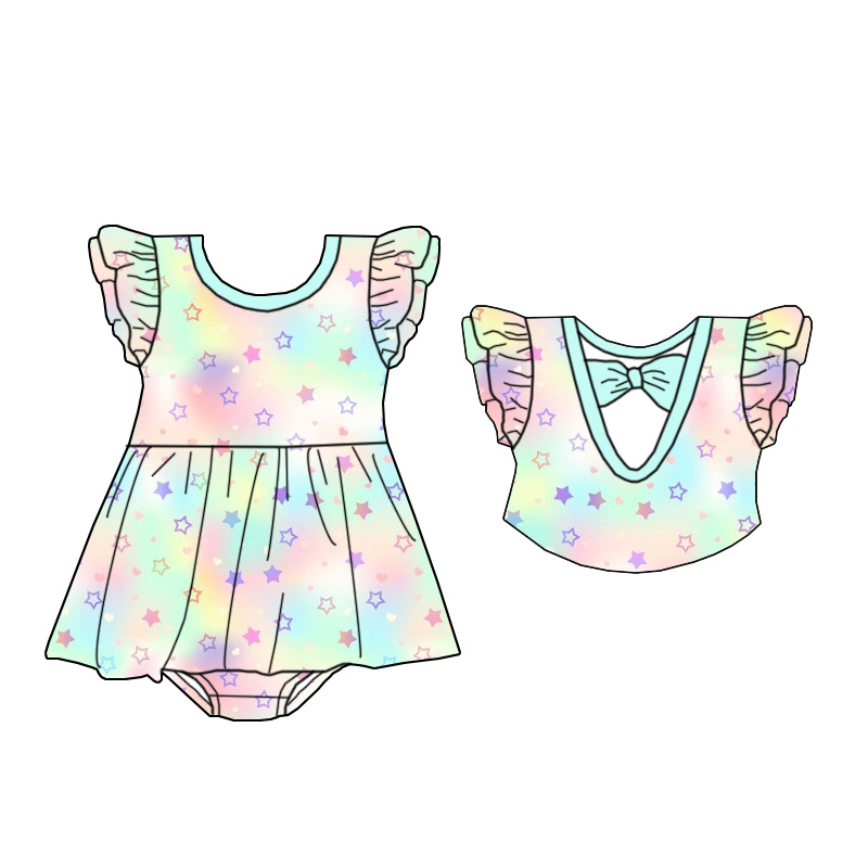 New Style Custom-made Short-sleeved Dress for Little Girls with Lace Trim and a Bow Design on the Back. High-quality Clothing.