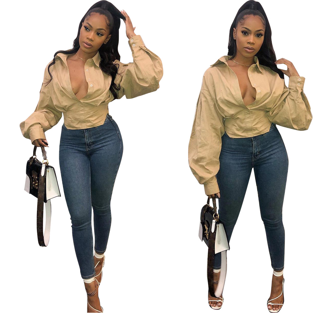 New New Arrival Women Sexy Solid Colors Deep V-neck Long Sleeve Shirts Tops Plus Size Women's Blouses Shirts