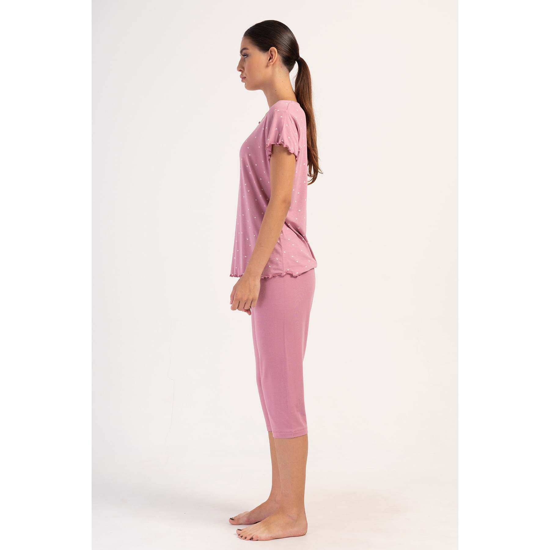KADIN LYC VISCON XXL Women's Plus Size Sleepwear KAYIK YAKA FIYONKLU BIBILALI KISA KOL KAPRI TAKIM
