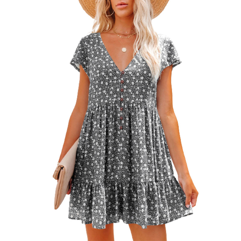 2022 Hot Sales V Collar Button Small Floral Short Sleeve Loose Casual Dress