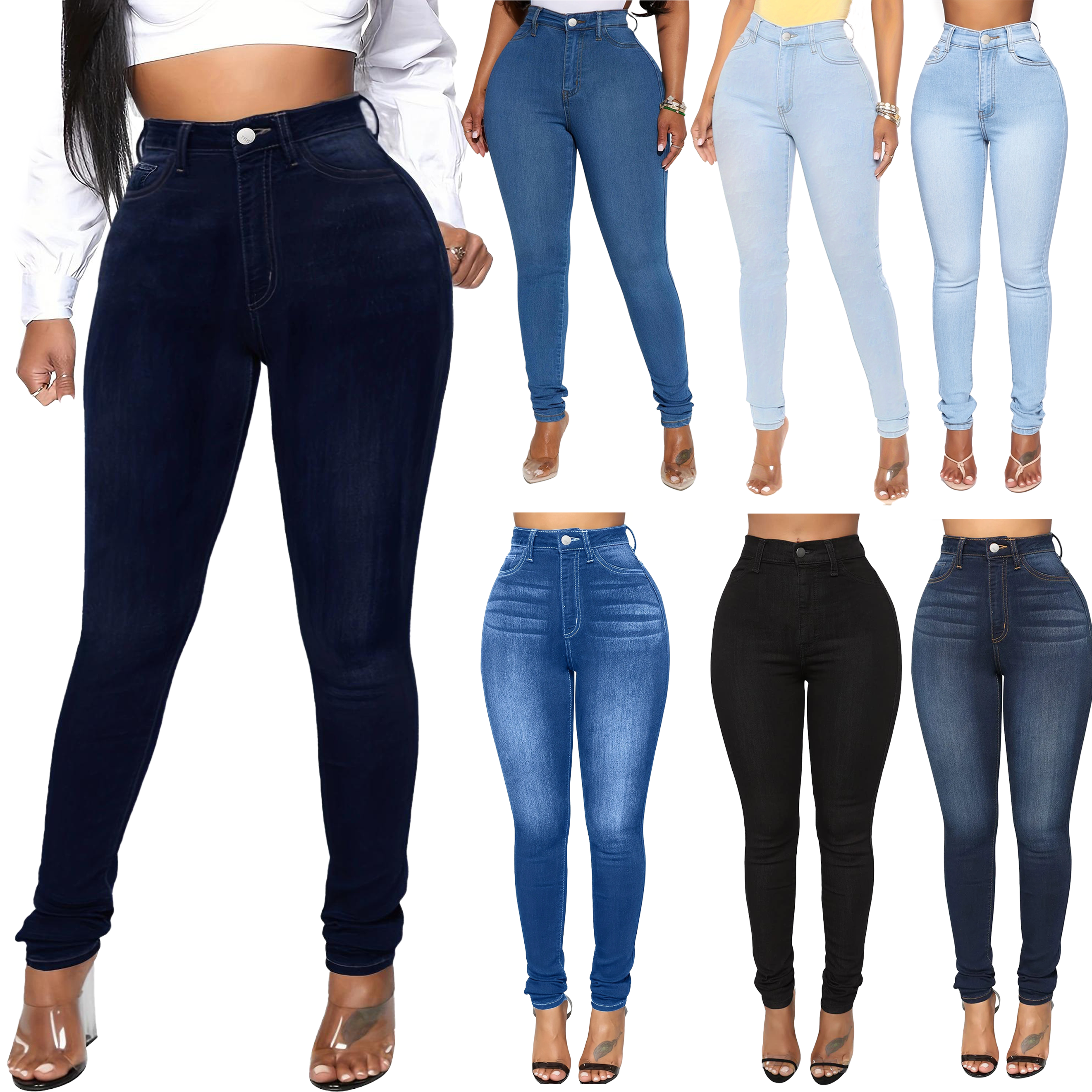 Women's Custom High Waist Elastic Stretch Skinny Jeans Solid Color Casual Pencil Pants Summer Wholesale Denim Trousers