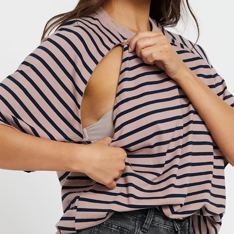 Eco-friendly Nursing Shirts Cotton Oversized Stripe Breastfeeding T-Shirt Maternity Clothing for Pregnant Women