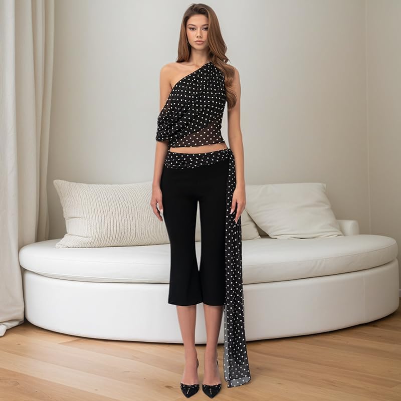 Custom 2026 Women's 2 Piece Set Mesh Polka Dot Top Pants Sleeveless Chiffon Sexy Club Wear Spring Summer Breathable