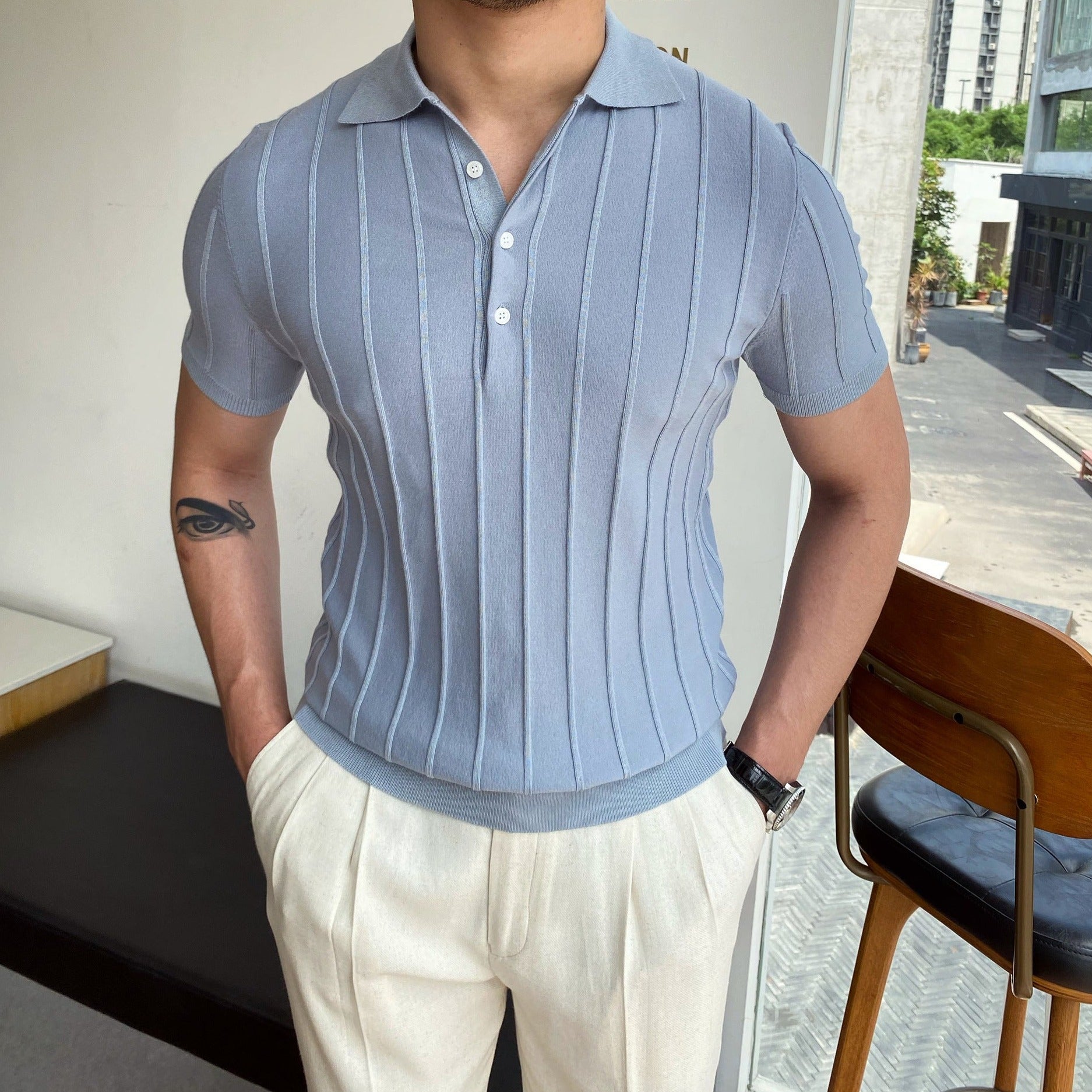 VSCOO 2024 Wholesale Old Money Ribbed Knitted Cotton Vintage Knit Polo Shirt Men Custom Short Sleeve Sweater T Shirt For Men