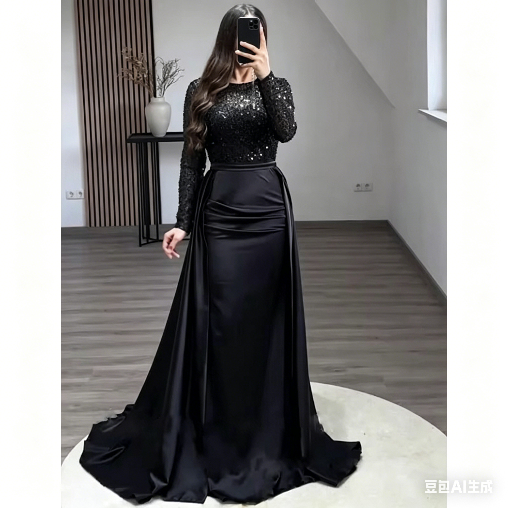 Women's Long Sleeve Elegant Socialite Sequin Evening Dress Luxury Formal Gown for Banquet Annual Meeting Party Host Even