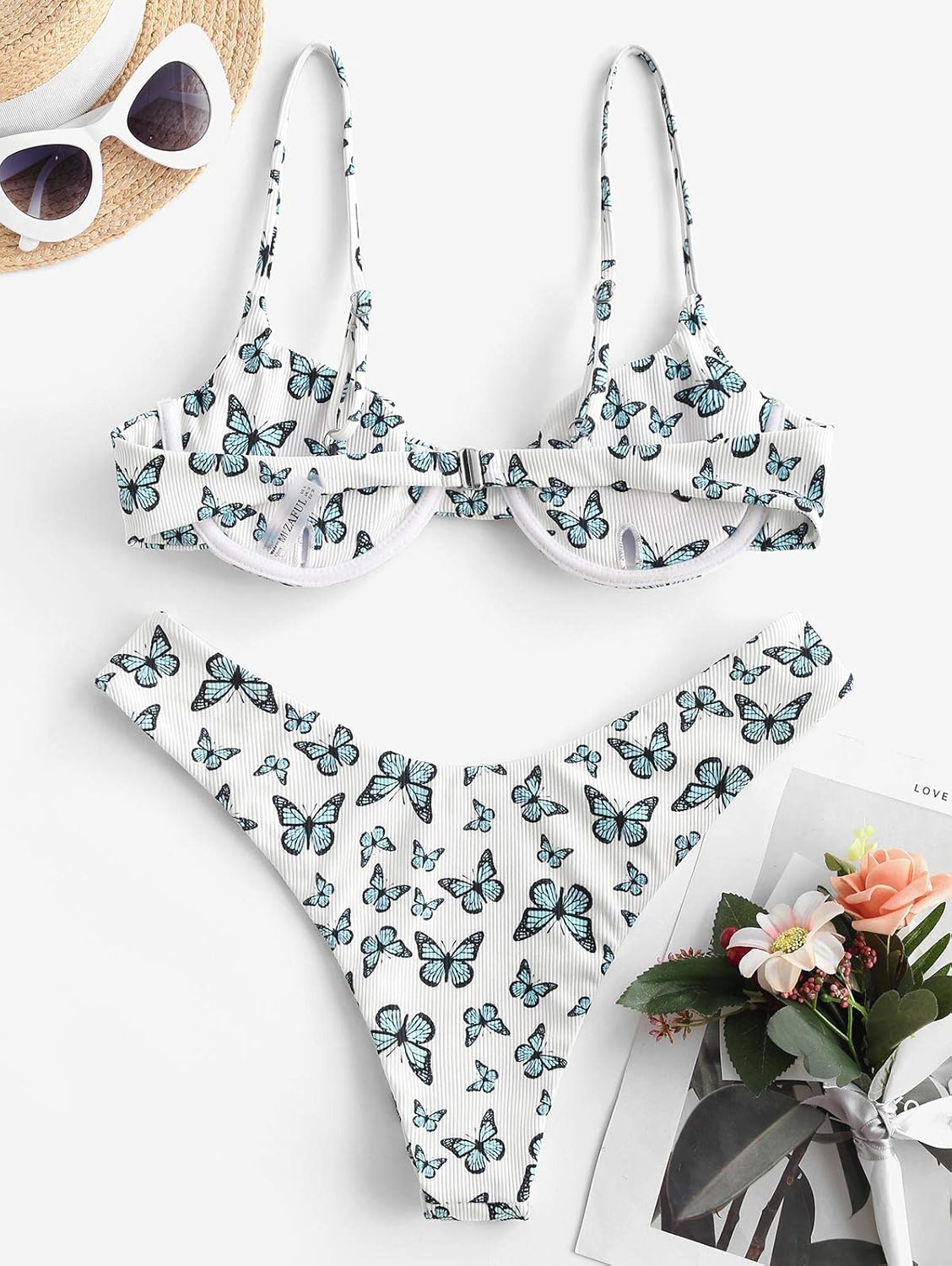ZAFUL Women's Ribbed Underwire Bikini Set High Cut V Notch Smocked Swimwear Printed High Leg Swimsuit