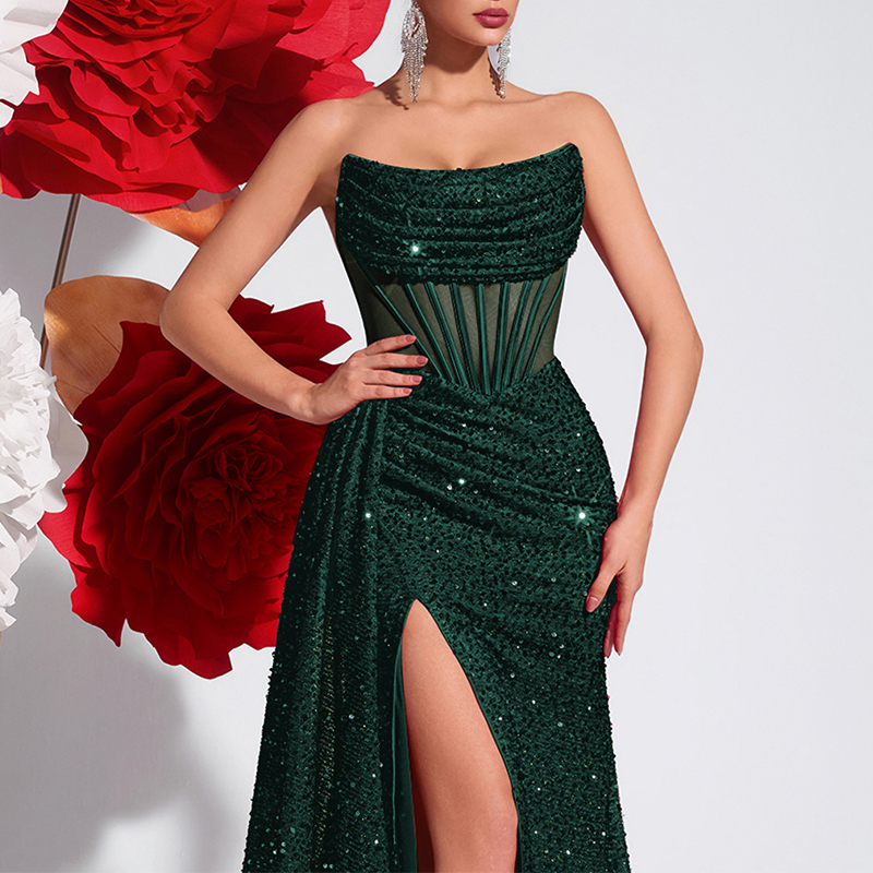 Sexy Royal Blue Formal Gown Shoulder Corset Sequin Spring Summer Evening Dress High Slit Floor Length Elegant Wedding Party