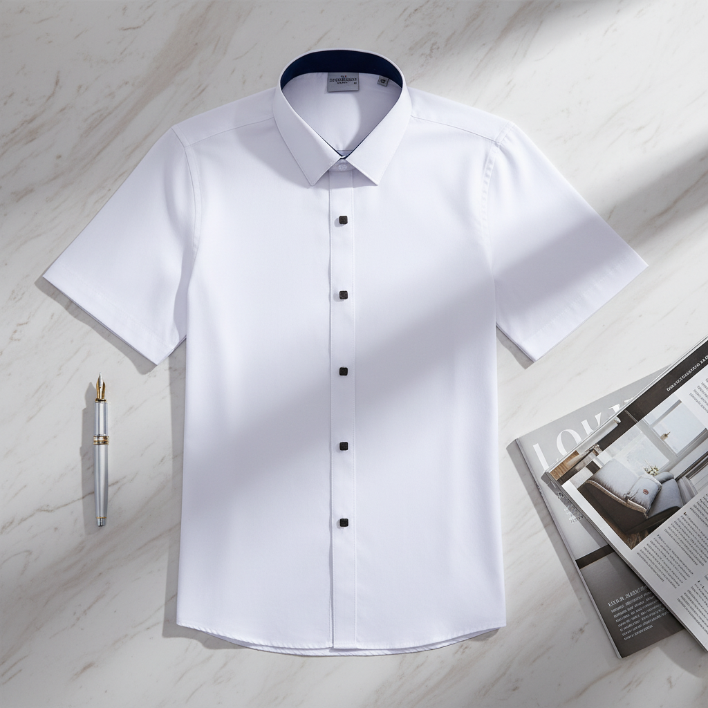 Premium Business Slim Fit Short Sleeve Knitted Turn-down Collar Men's Dress Shirt 55% Cotton Breathable Formal Office Workwear