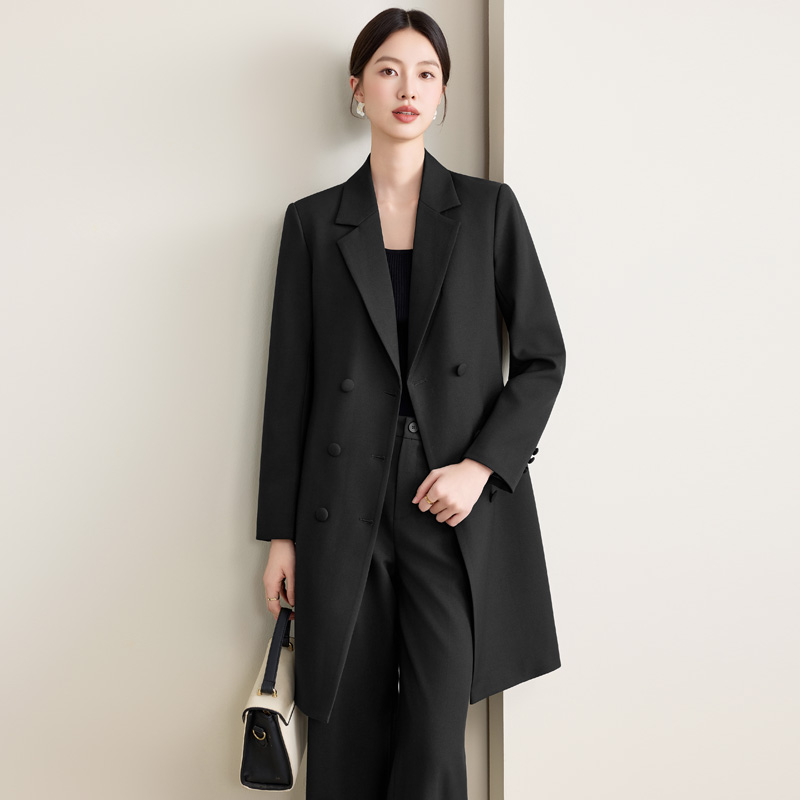 2025 Spring Autumn Black Suit-Style Trench Coat for Women High-End Casual Mid-Length Coat Double Breasted Long for Petite