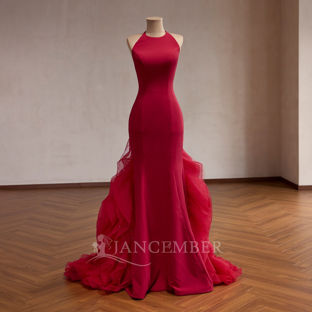 Rsm251077 Elegant Red Halter Evening Dress Sleeveless Ruffles Customizable Prom Gown Jancember