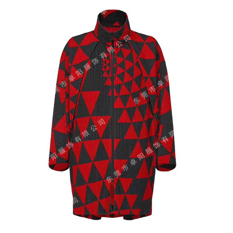 Pleated Autumn New Style HP Series Men's Triangle Pattern Stand Collar Zipper Trench Coat Overcoat 100% Polyester Foreign Trade