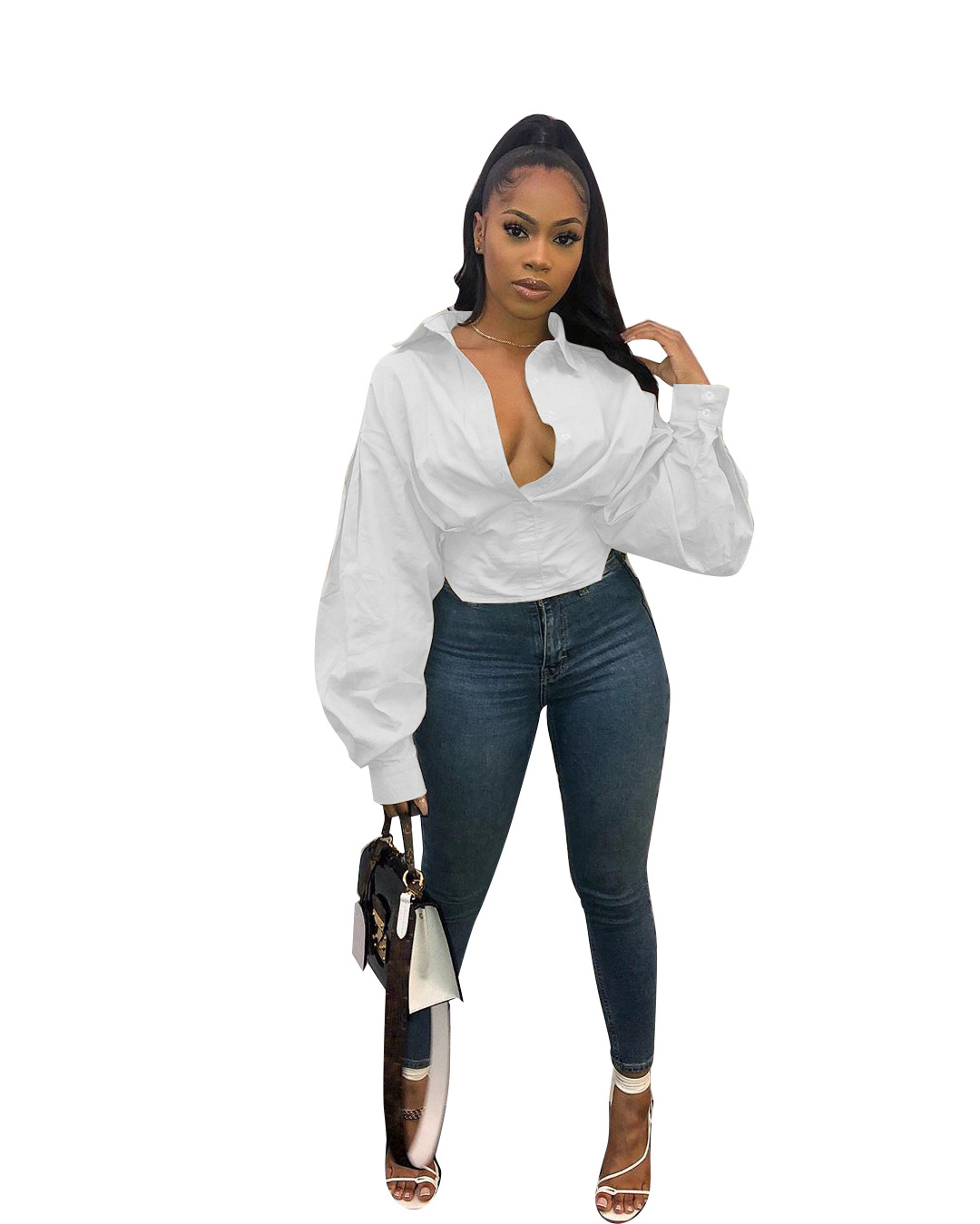 New New Arrival Women Sexy Solid Colors Deep V-neck Long Sleeve Shirts Tops Plus Size Women's Blouses Shirts