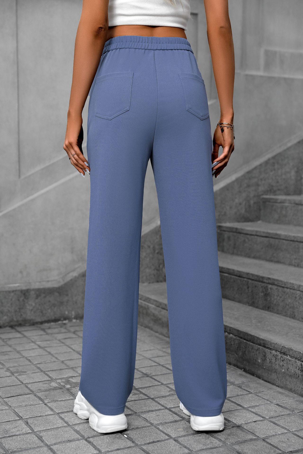 Women's Vintage High Waist Straight Pants with Button Pockets Loose Wide Leg Fashionable Anti-Wrinkle Trousers