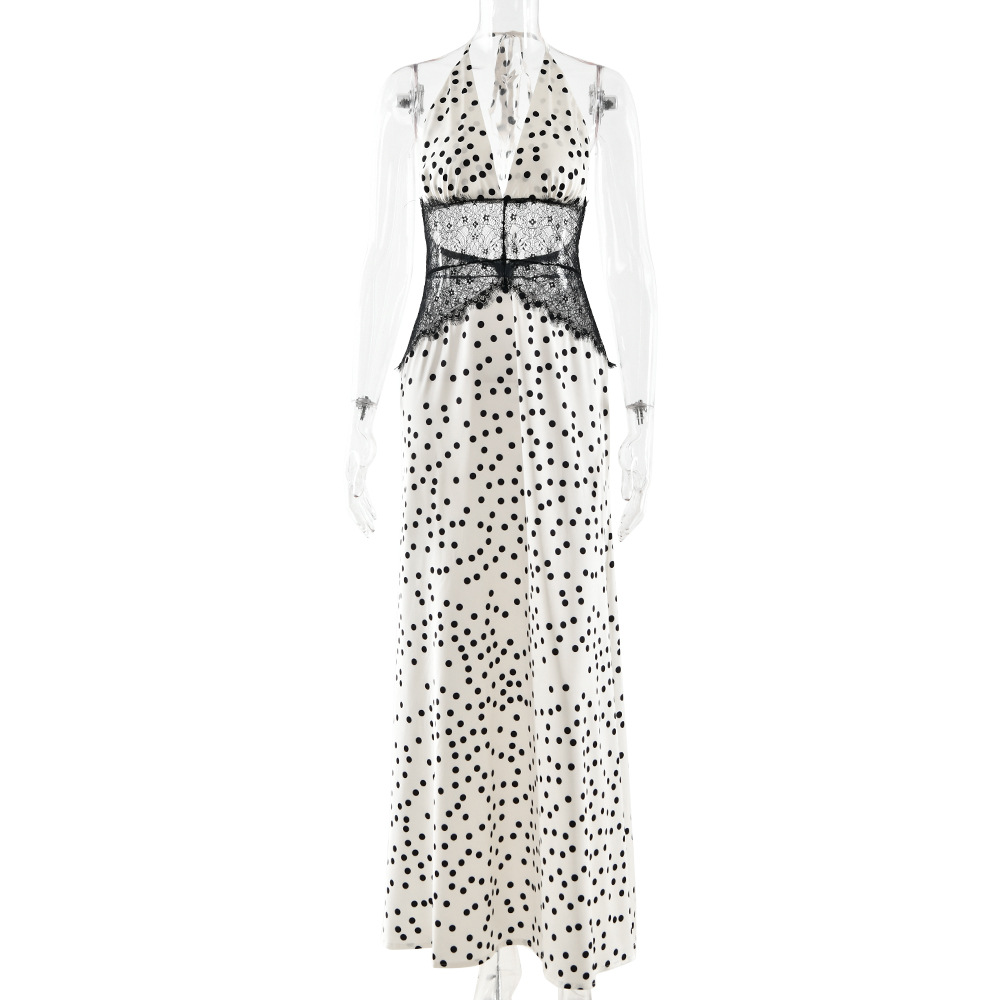 European American Foreign Trade 2025 New Temperament Wave Point Lace Maxi Vintage Empire Waist Women's Fashion Sexy Backless