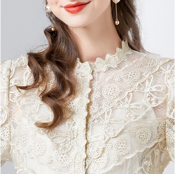 2023 Women's Spring New Embroidered Perspective Mesh Waist Closing Heavy Industry Dress