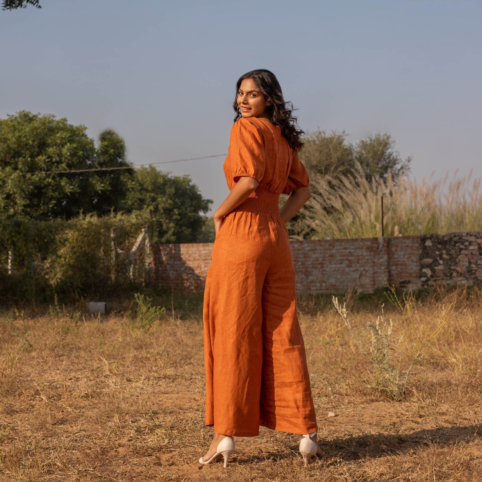 Orange Linen Jumpsuit Boho Romper With Pockets and Zipper Loose Elastic Waistband Bodysuit Wide Pants Custom Petite Clothing