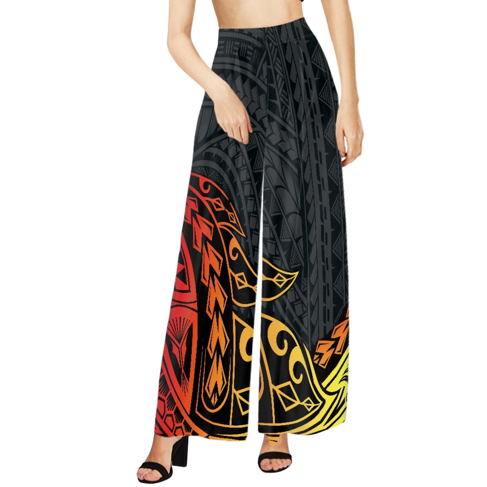Women's Fall Summer Fashion Baggy Palazzo Pants Custom Pattern Print Polynesian Hawaiian Wide Leg Oversized Trousers Chiffon
