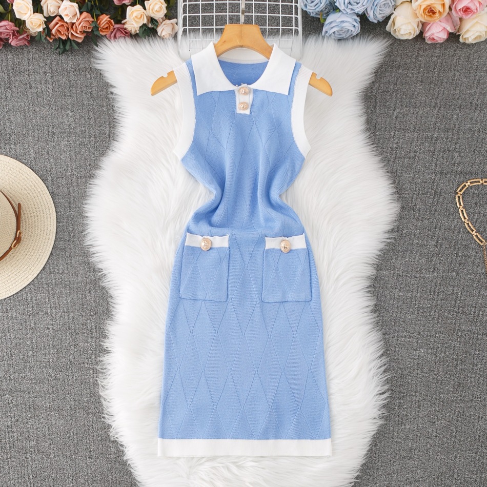 High-End Style Dress Petite Slim Fit Bodycon Elegant Plaid Tank Casual Summer Knitting Casual Dress