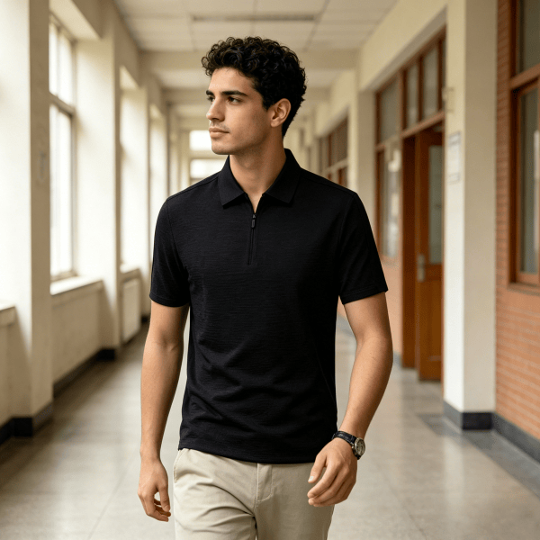 2663 Slight Crinkle Spliced Zip up Polo Shirt Unisex Business Casual Workwear Office Uniform Comfortable Breathable Daily Top