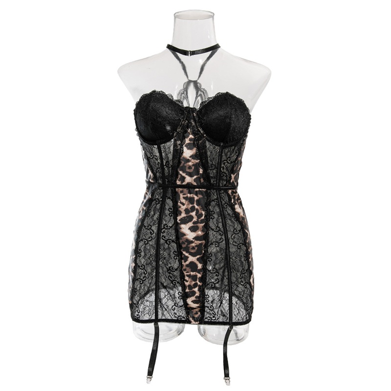 Women's Gather Bra Together Clothing Sexy Lace Patchwork Leopard Design Women Party Wear Dresses