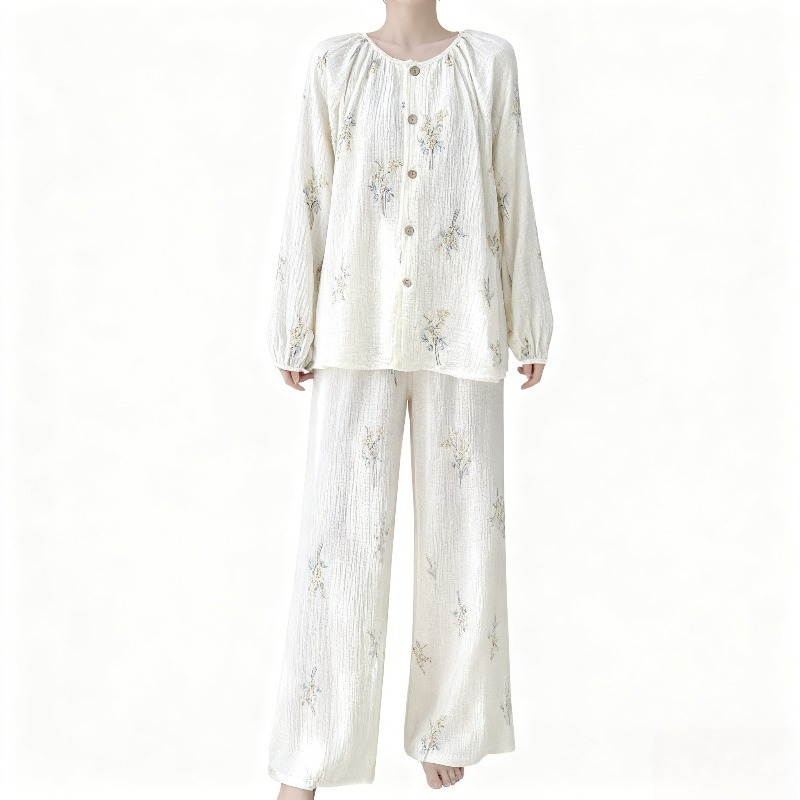 New Chinese Cotton Knitted Women's Pajamas Summer Spring Autumn Double Gauze Guofeng V-neck Full Length Long Sleeve Floral