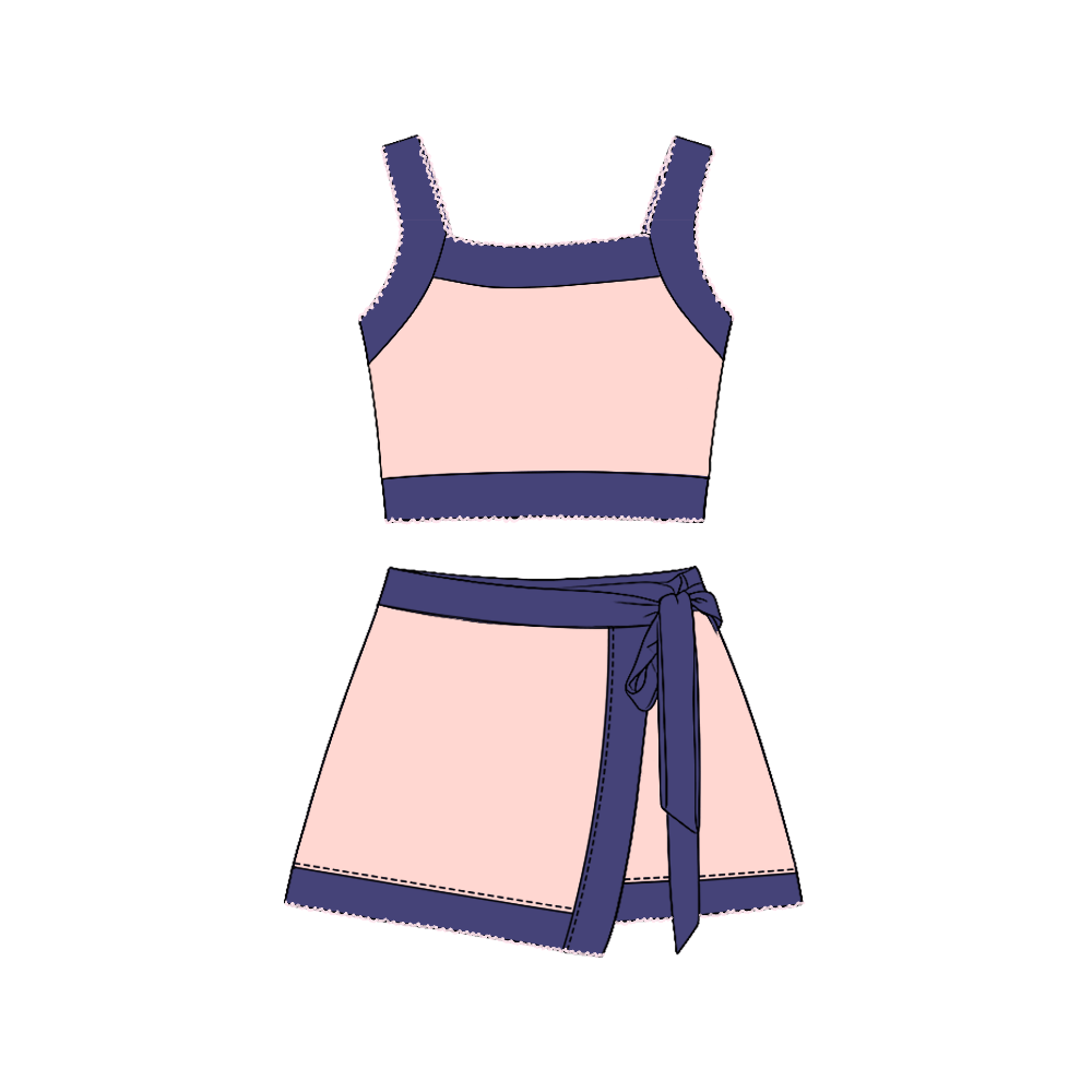 Custom Girls Yoga Set 2 Piece Square Neck Top Wrap Skirt Contrast Zigzag Stitch High Elasticity Dance Wear CPC